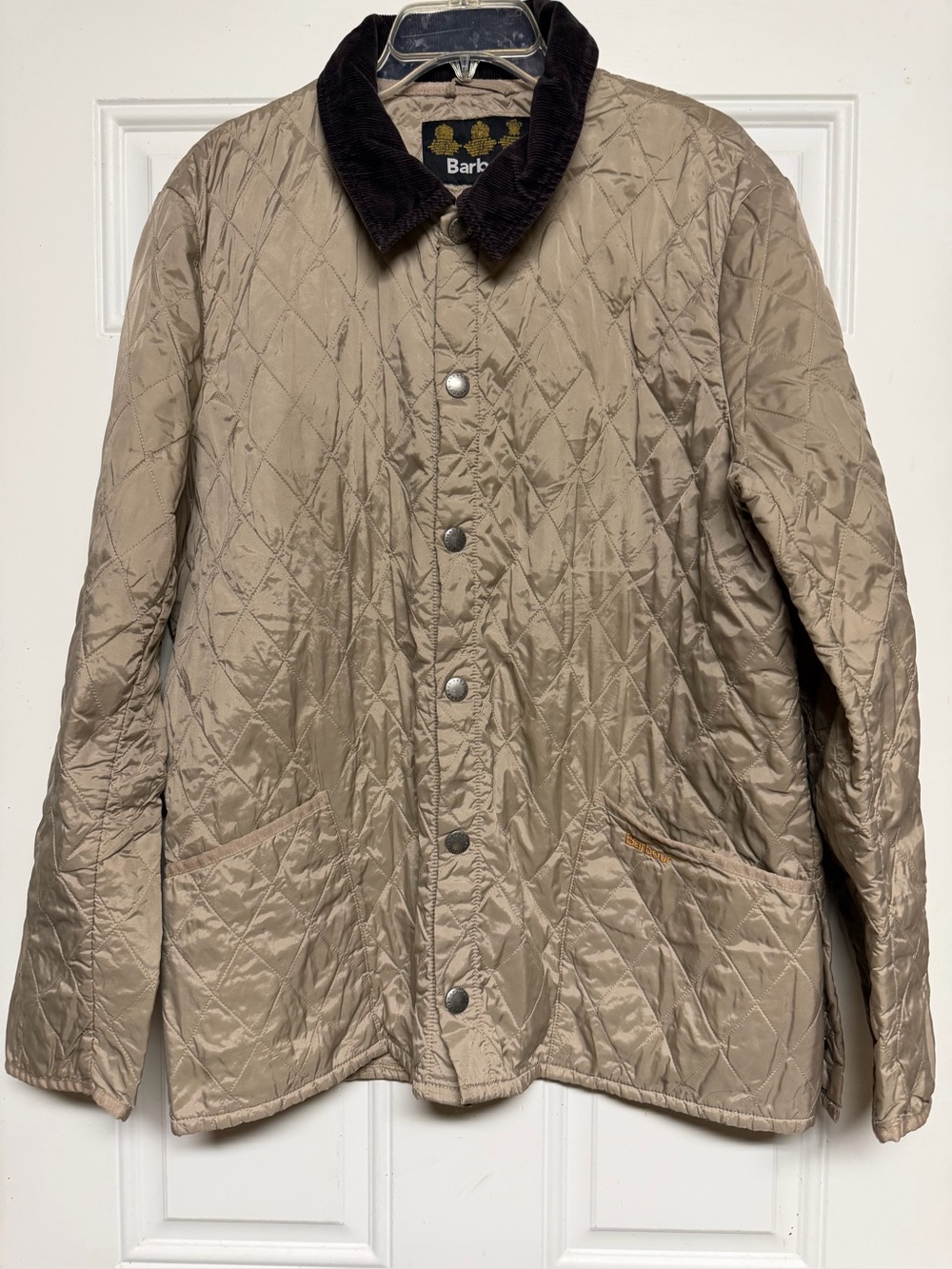 Barbour Quilted Tan Jacket with Dark Brown Corduroy Collar